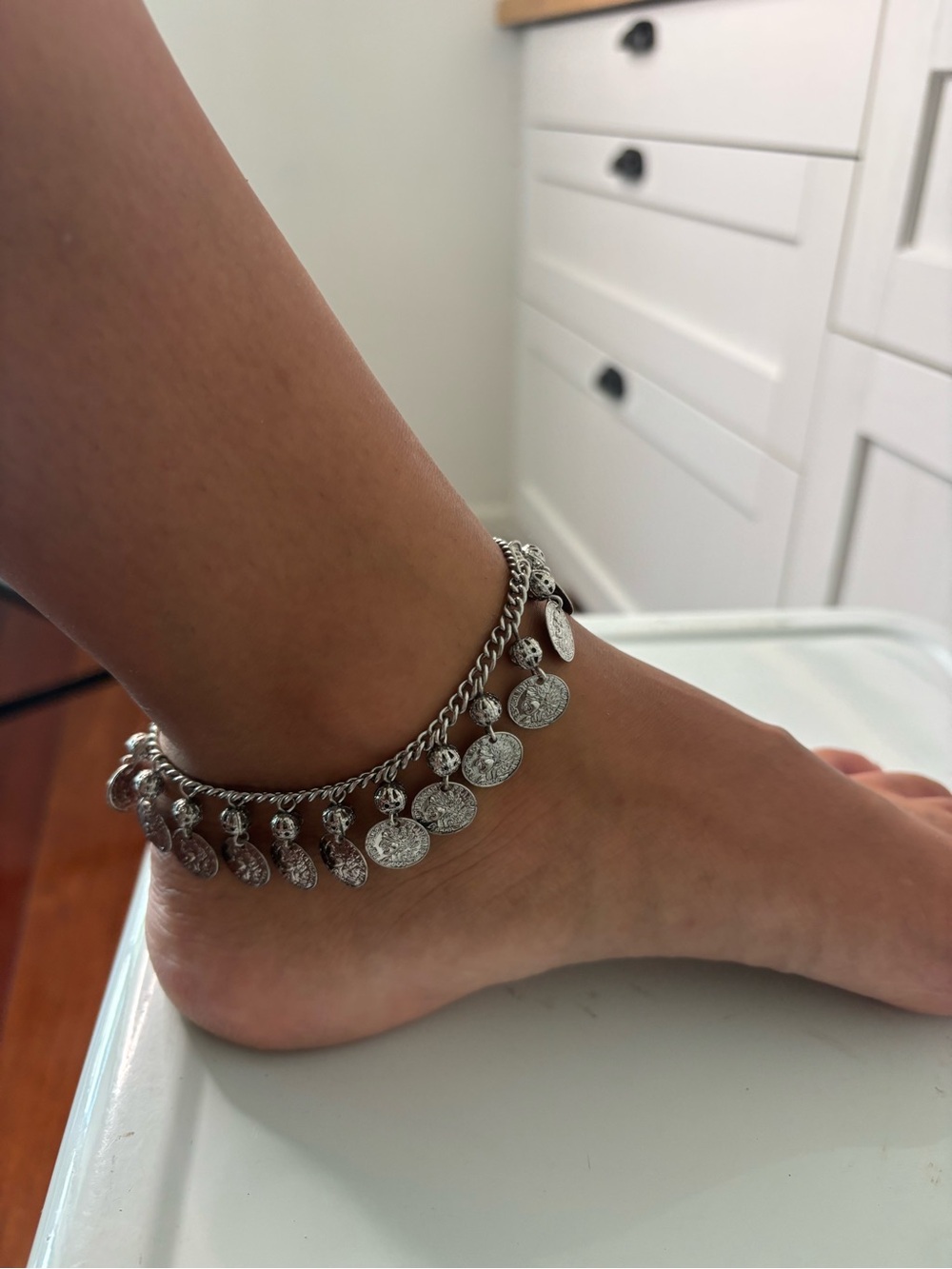Sterling-Style Coin Charm Anklet in Silver